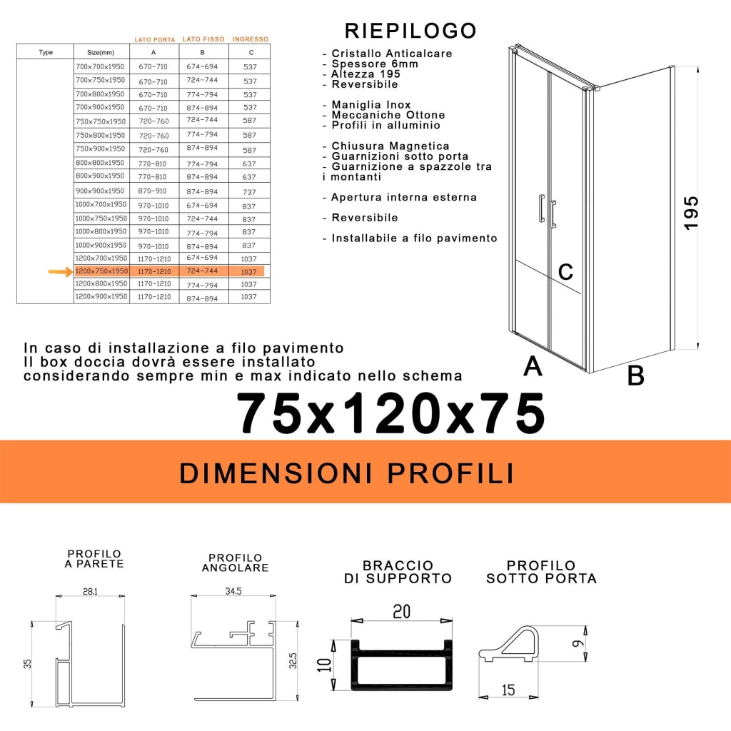 Box Doccia 3 Lati 75x75x75 cm 2 Ante Saloon in Cristallo Trasparente 6mm H195 Bonussi Marty