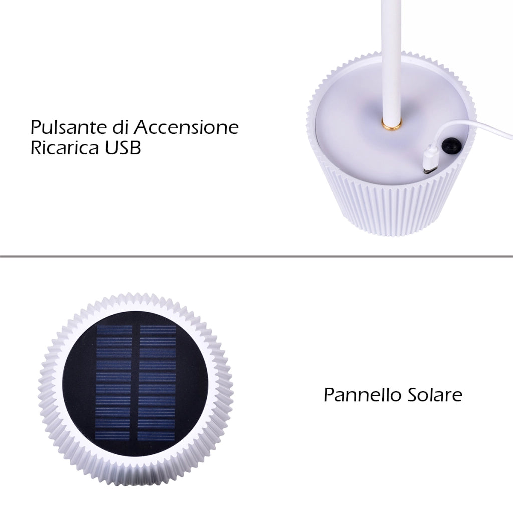 LAMPADA LED BIANCA RICARICABILE DA TAVOLO CON PARALUME PLISSETTATO ALIMENTAZIONE SOLARE E USB - 3 TEMPERATURE COLORE E DESIGN ELEGANTE PER RISTORANTI BAR E HOTEL