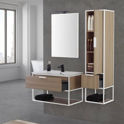 Colonna bagno sospesa H 150 cm stile industrial bianco e legno Baketo