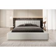Letto contenitore CERVIN – Tessuto bouclé color sabbia nuvoloso – 140x200 cm – Rete sollevabile – Design di alta gamma