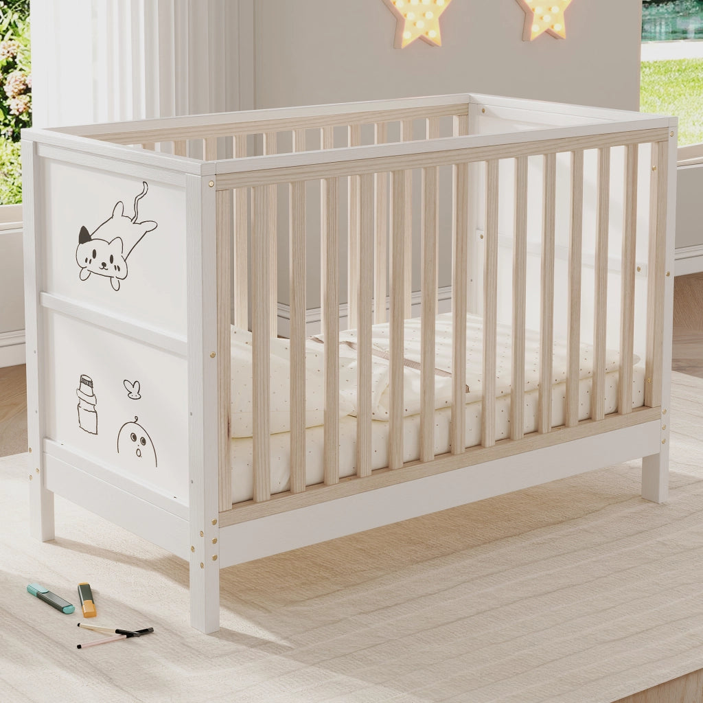 Lettino per bebè convertibile 3 in 1 con lavagne dipingibili, altezza regolabile, 120x60 cm, legno massello