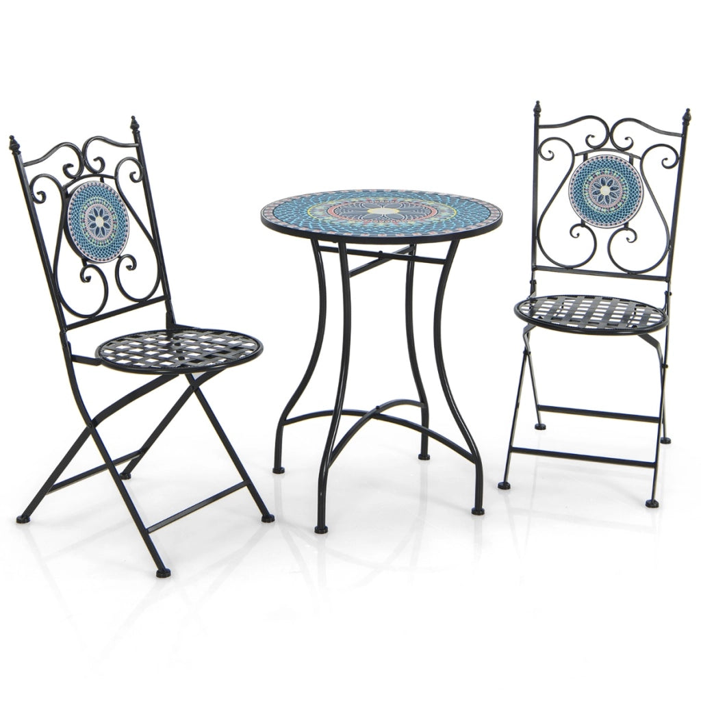 Set Mobili da giardino con mosaico da 3 pezzi, Tavolo rotondo e 2 sedie pieghevoli con struttura in metallo-Set mobili da esterno