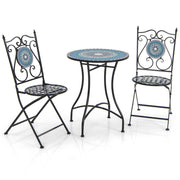 Set Mobili da giardino con mosaico da 3 pezzi, Tavolo rotondo e 2 sedie pieghevoli con struttura in metallo-Set mobili da esterno