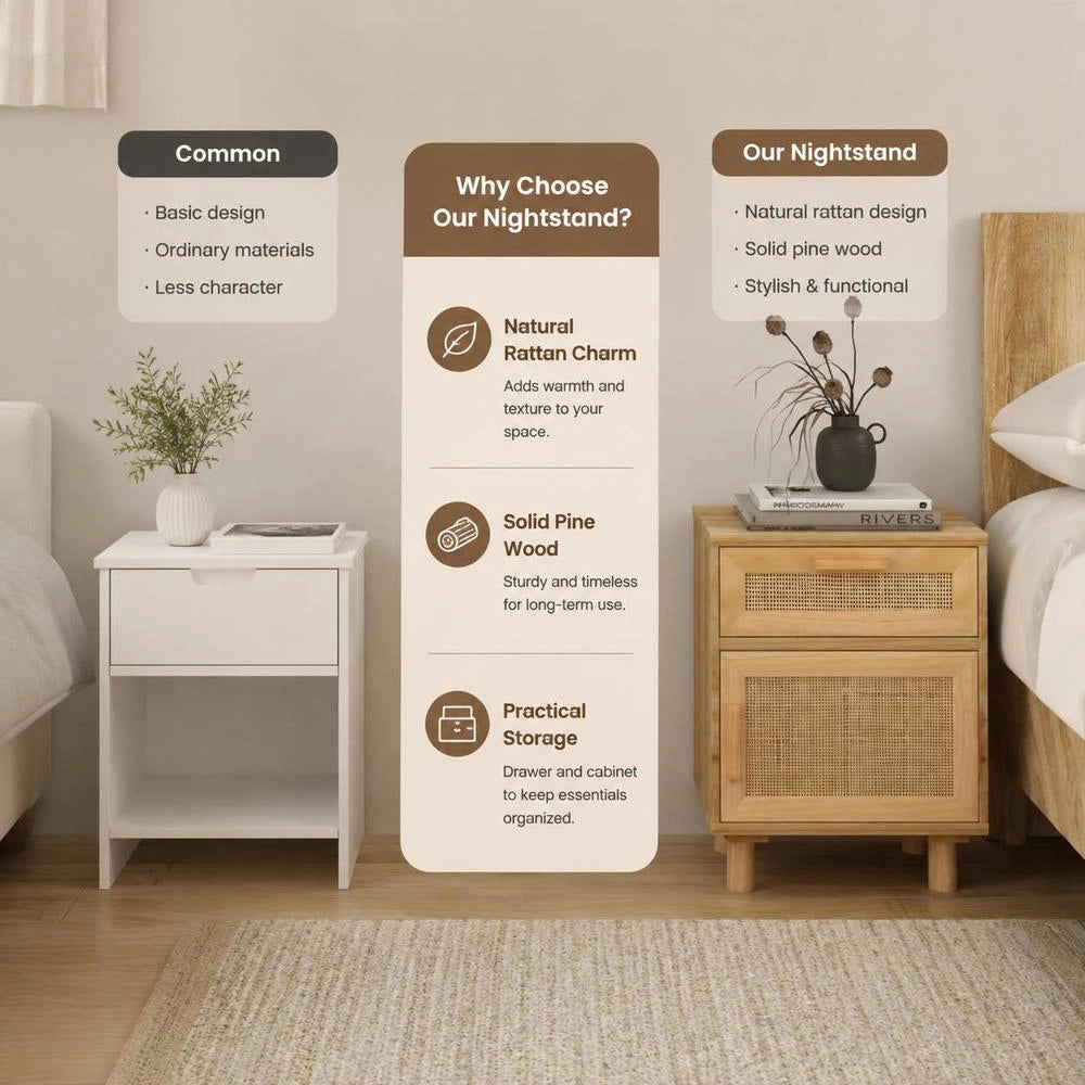 Bedside Table Brown Solid Pine And Natural Rattan