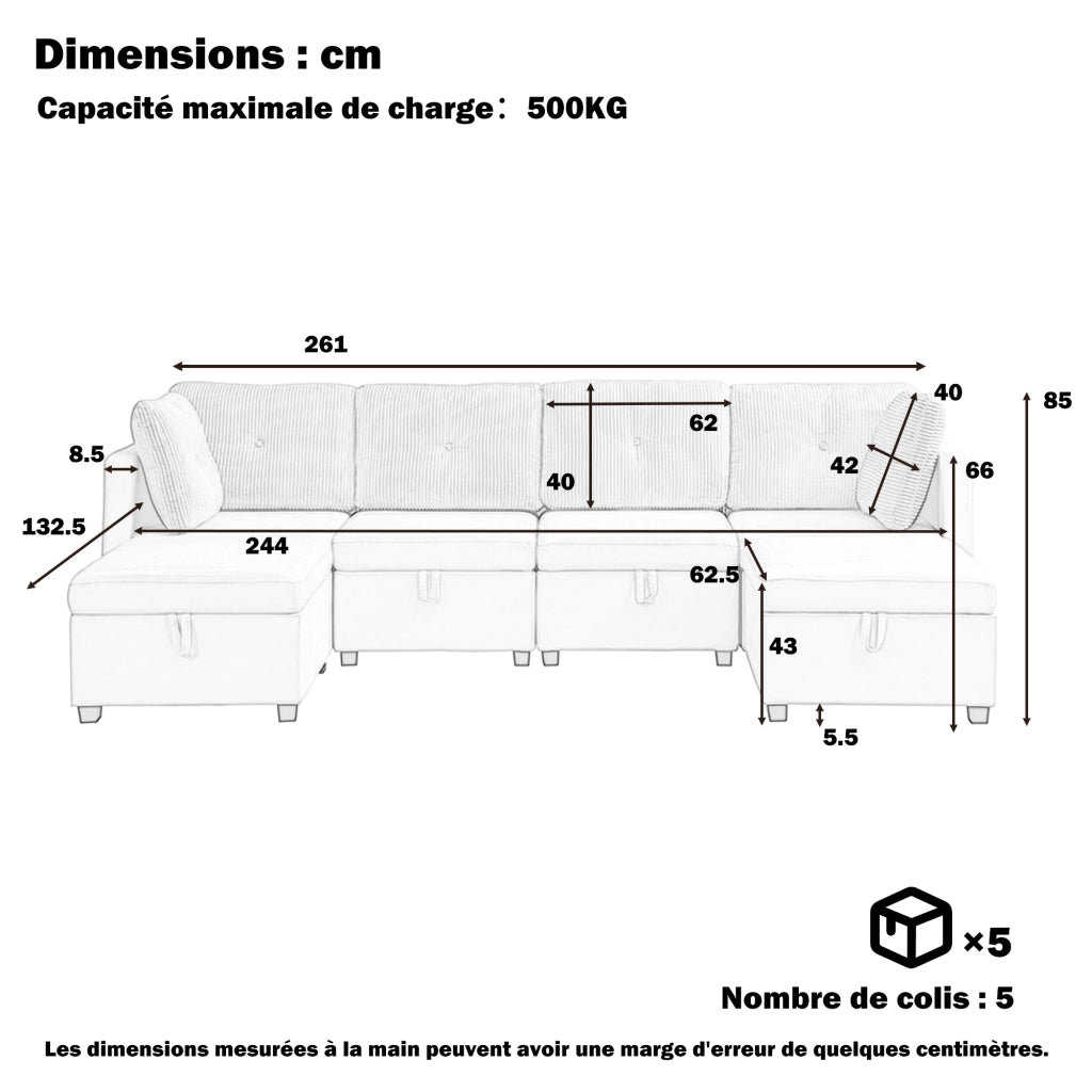 Divano modulare a U 6 posti con contenitore e cuscini, in velluto e cordino Beige