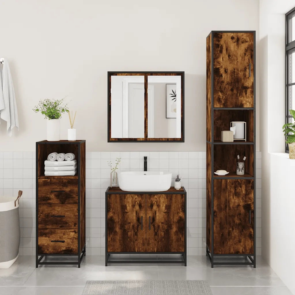 Set Mobili da Bagno 3 pz Rovere Fumo in Legno Multistrato 3301007