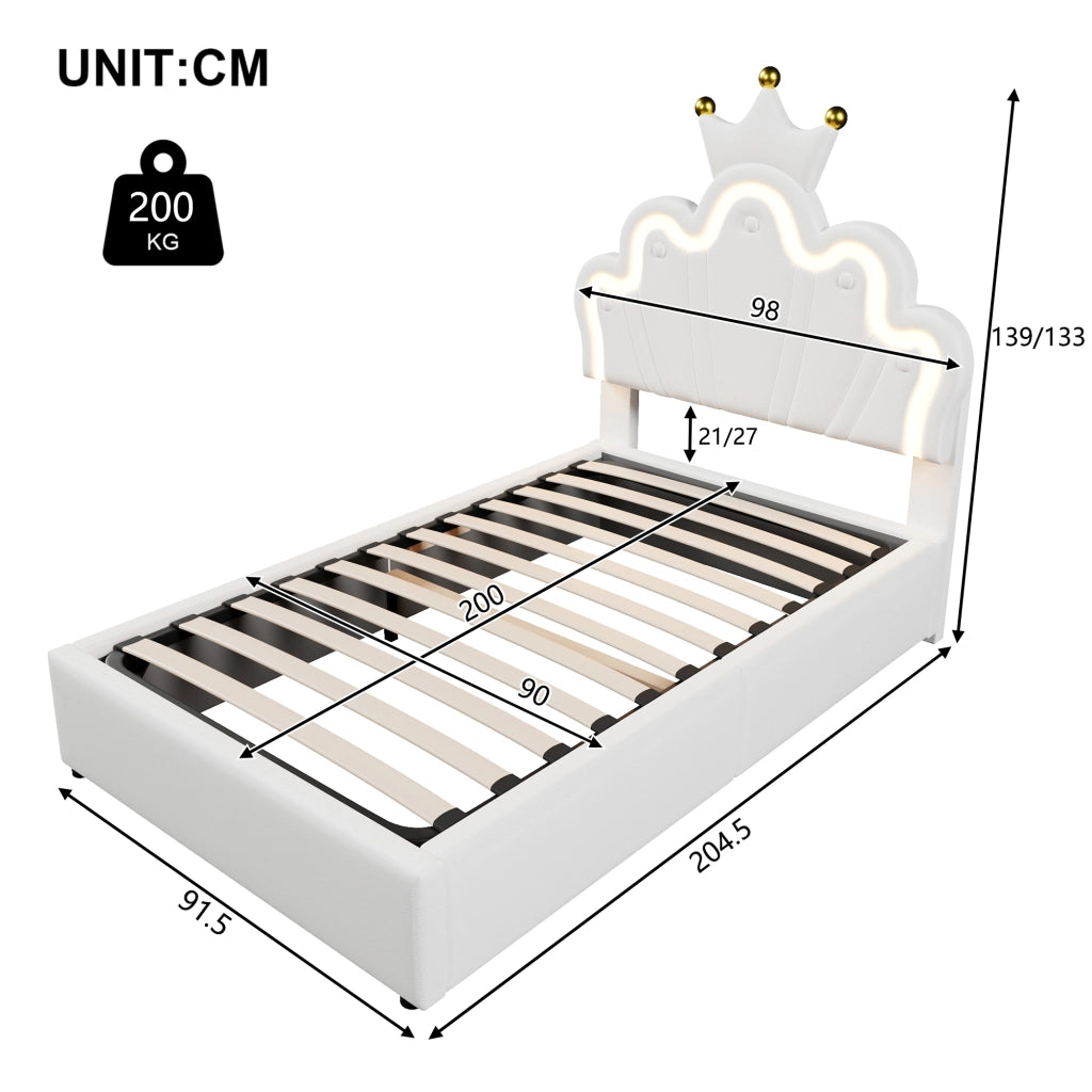 OKWISH Letto Contenitore 90×200 cm, Letto Singolo con LED Multicolore, Testiera Regolabile e Apertura Idraulica, senza Materasso, PU Bianco