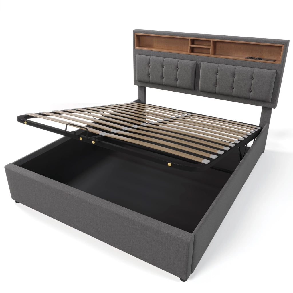 Letto Contenitore Letto Matrimoniale con USB; Tipo C; 2 Prese e Testiera Regolabile 160 x 200 cm; senza Materasso; Grigio