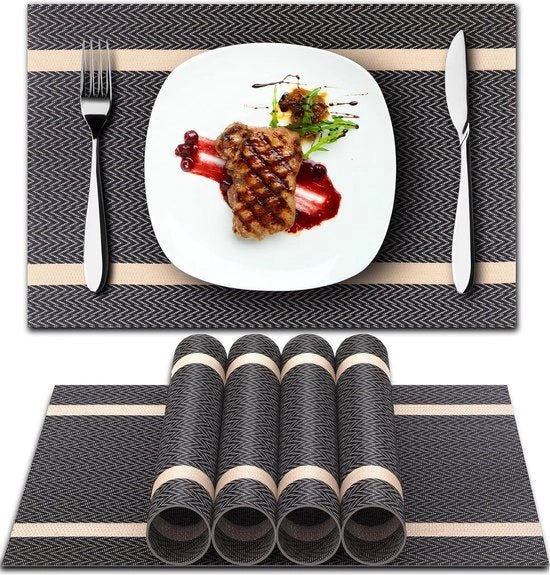 Set di 6 tappeti da tavola in PVC, lavabili, resistente al calore, antiscivolo, nero