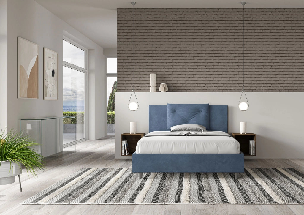 BS COM Letto queen size contenitore imbottito 150x210 microfibra blu