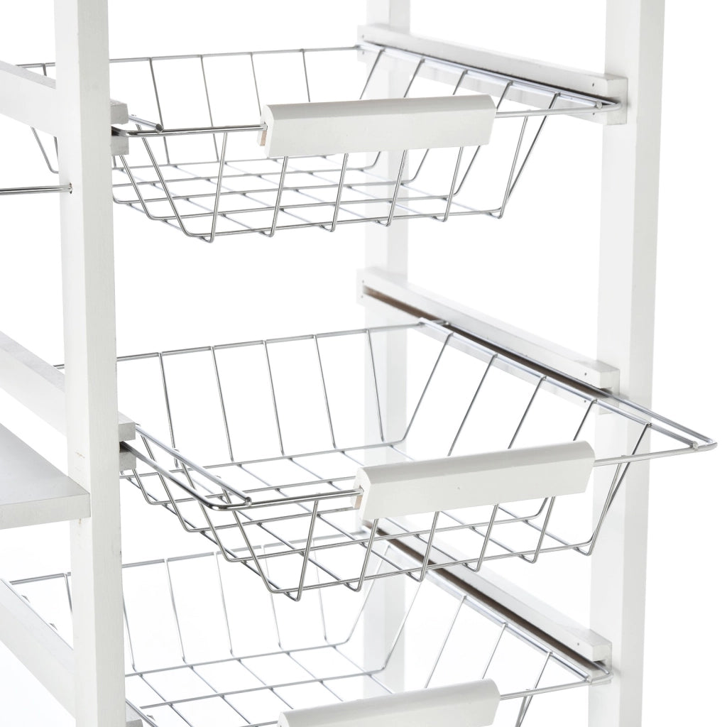EasyComfort Carrello da Cucina Salvaspazio in Legno Bianco, Portavivande con 1 Piano di Lavoro 1 Cassetto e 4 Cestelli Metallici, 47x37x83cm