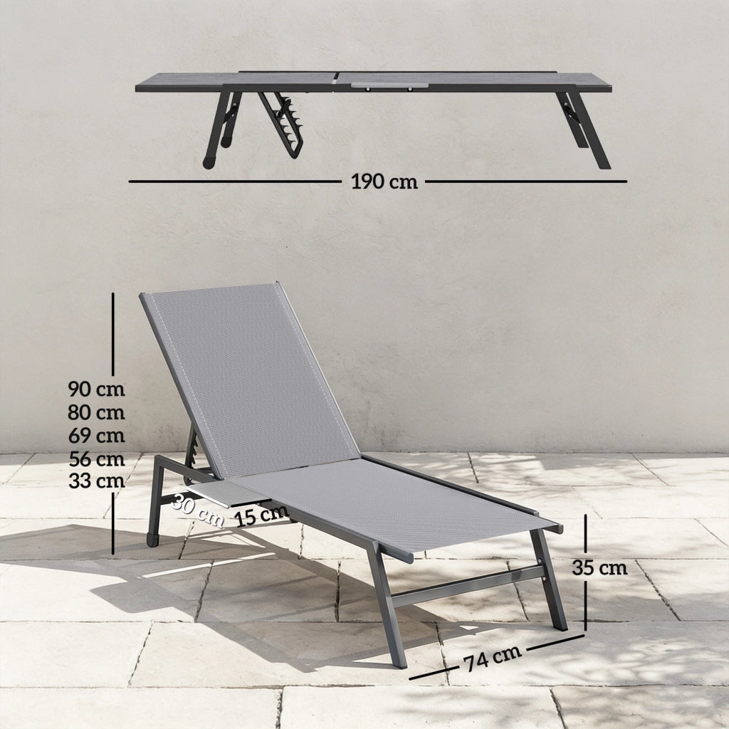 Set 2 Lettini Solarium Giardino con Schienale Regolabile e Tavolino Laterale ¨C zephmum ¨C Grigio