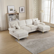 Divano Panoramico a U con Due Chaise Longue, Cuscini Schienale e Piedi in Metallo, Ciniglia Beige