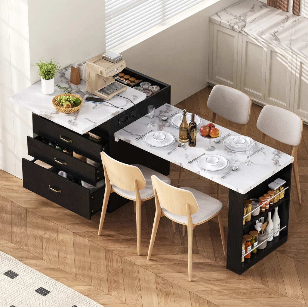 Tavolo estraibile 125.5x71x93 cm con LED; piano effetto marmo e ruote nascoste in MDF nero