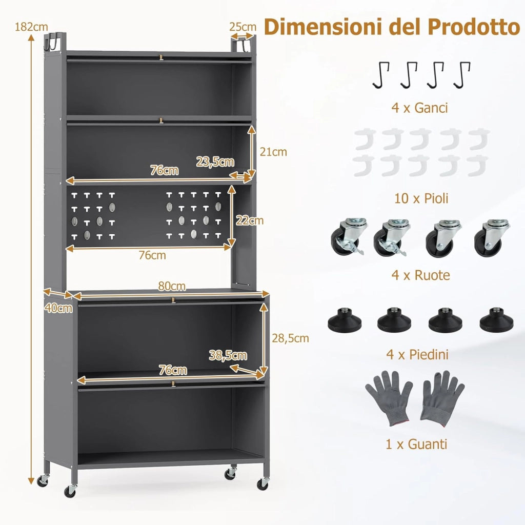 Credenza Alta per Cucina con 6 Ripiani e 4 Ante a Ribalta Traslucide, Mobile Cucina con Ruote e Panello a Ganci, Armadio Cucina Porta Microonde, per Soggiorno (Grigio, 80 x 40 x 178 cm)