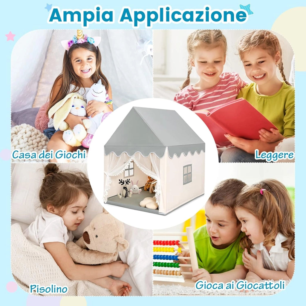 Tenda da Gioco per Bambini, Casetta per Bambini con Struttura in Solido Legno, Tappetino di Cotone, Tenda a Rete e Finestre, 105x120x140 cm (Grigio e Beige)