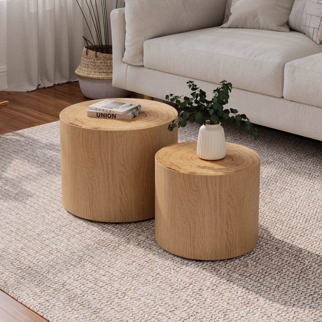Tavolini bassi impilabili set da 2 con piano effetto anello naturale, per soggiorno, in legno e MDF, stile moderno