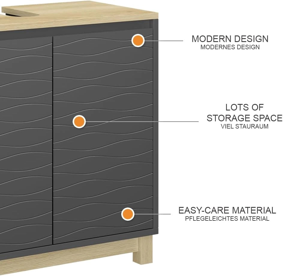 Mobiletto per lavabo Livia, Antracite, 60 x 60 cm con 2 porte