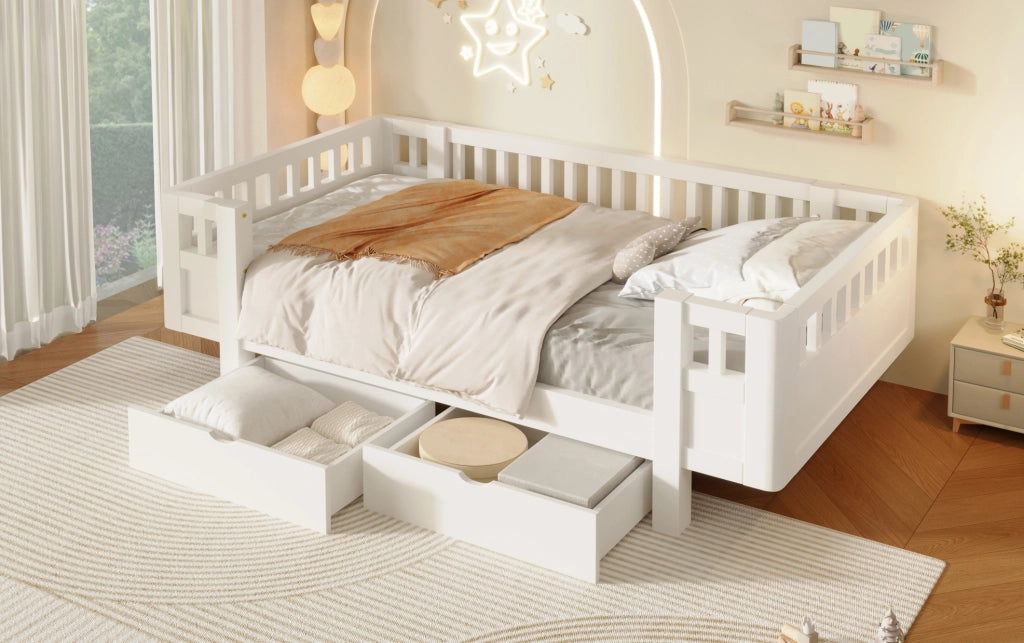 Letto a piattaforma per bambini 90x200 cm con sponde alte protettive e due ampi cassetti, bianco