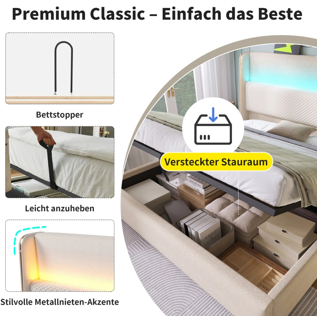 Letto matrimoniale idraulico 160x200 cm beige con LED e USB-C