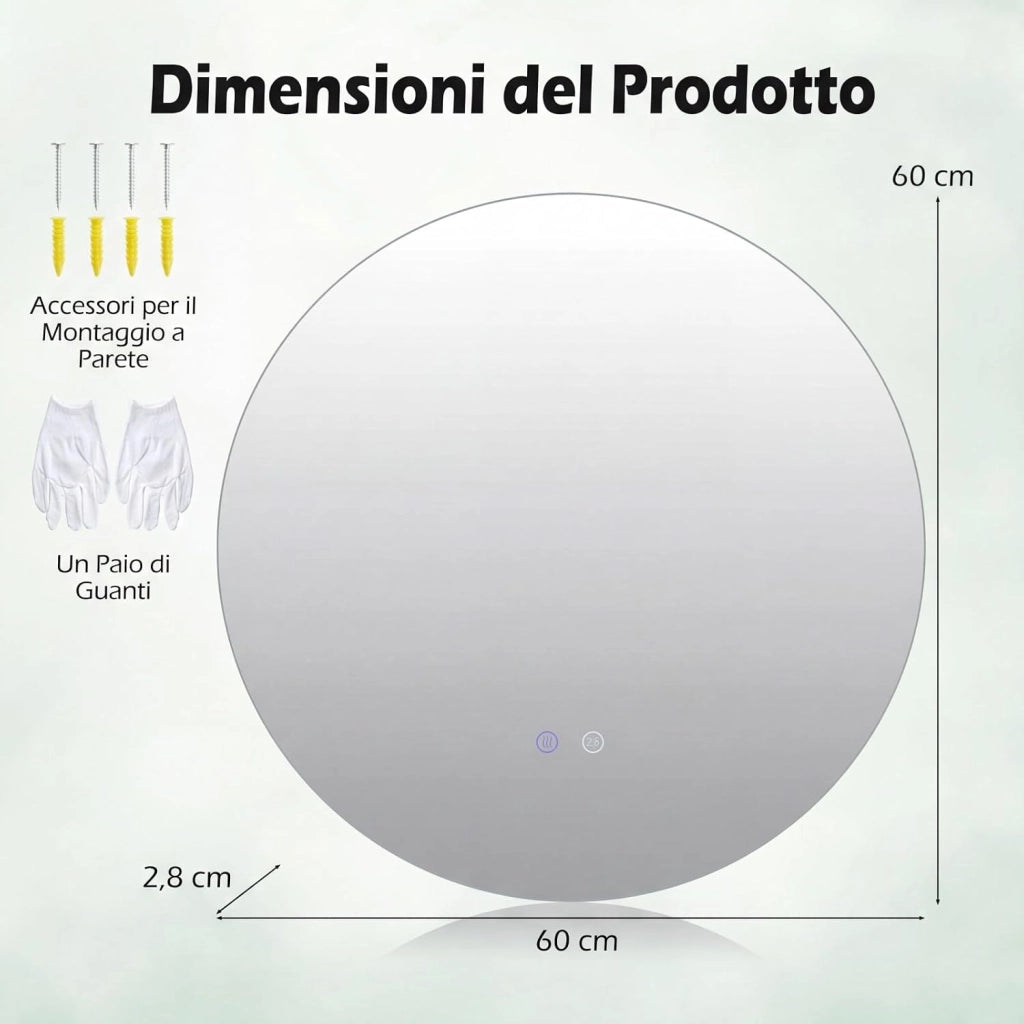 Specchio Rotondo LED da 60 cm, Specchio da Bagno da Parete con Luminosità Regolabile, Retroilluminato Morbido, Vetro Temperato con Funzione Memoria e Anti-Appannamento (60 cm x 2,8 cm)