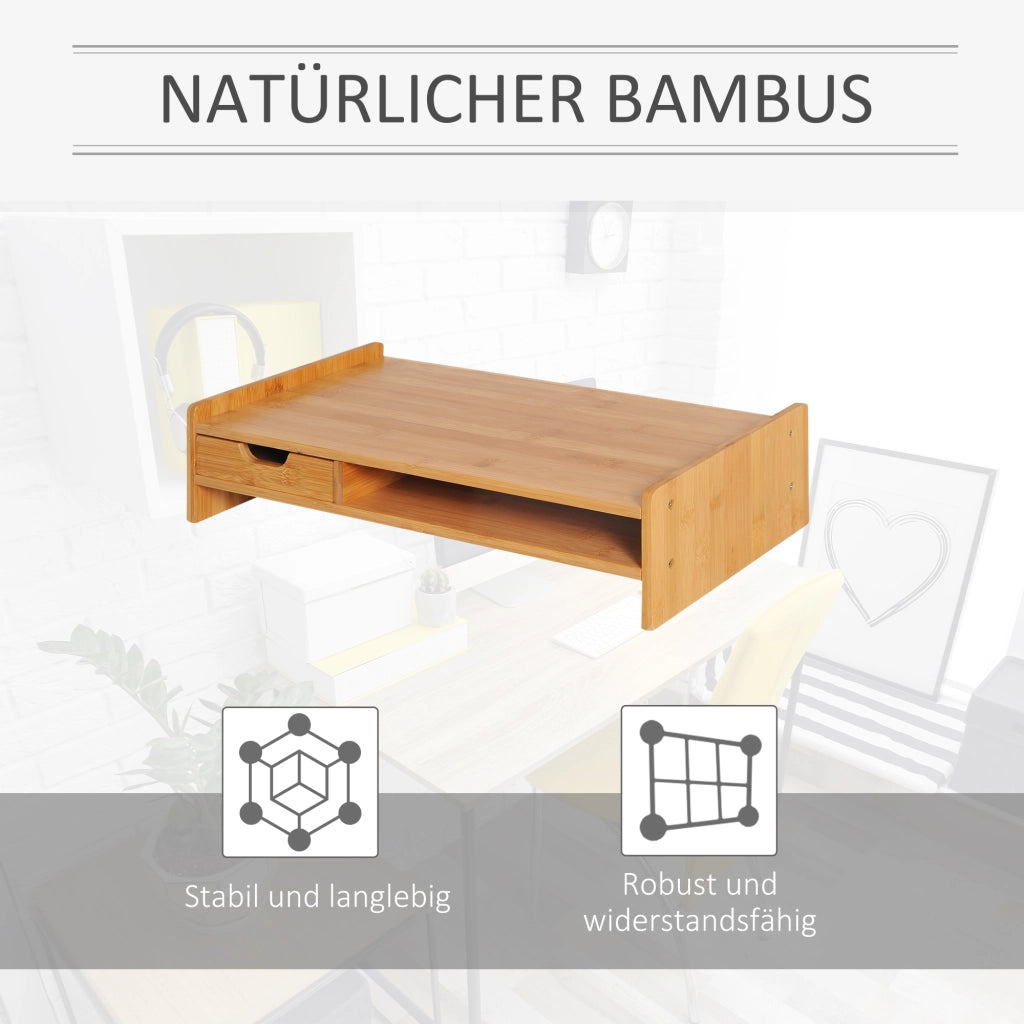 Supporto per monitor in bambù con 1 cassetto e vano aperto per ufficio, naturale, 49 × 25,5 × 11,5 cm