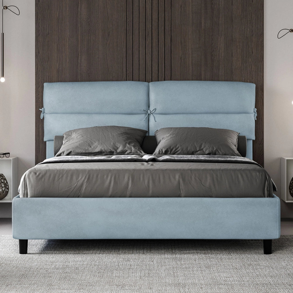 BS COM Letto matrimoniale con rete imbottito 160x190 microfibra azzurro