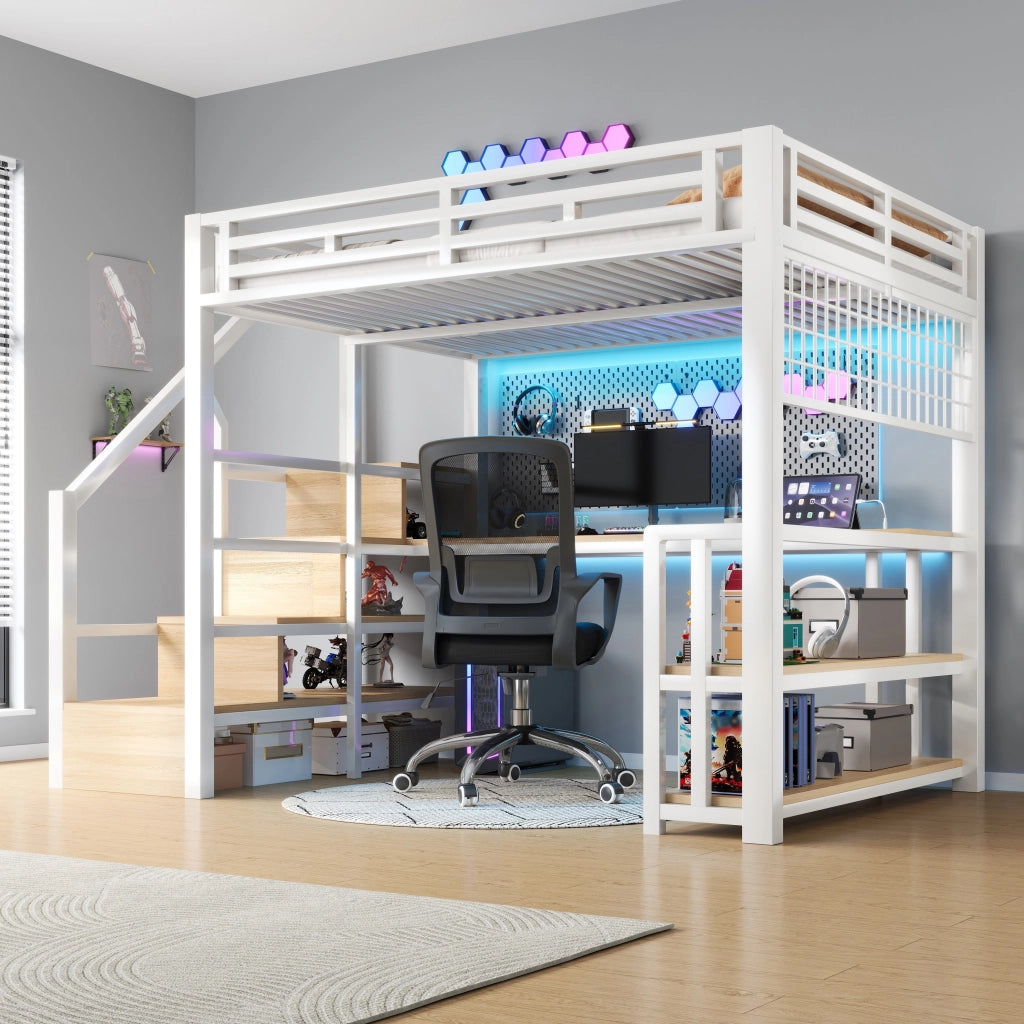 OKWISH Letto a soppalco 140×200 cm, Letto Matrimoniale con LED Regolabile, Scrivania, Mensole e USB e Tipo‑C, senza Materasso, Metallo, Bianco