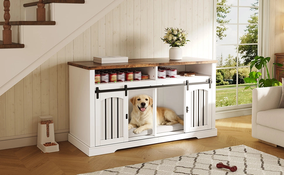 Cuccia per cani 2 in 1 con mobile e piano d’appoggio, porta scorrevole con chiusura, tramezza removibile, bianco 153 x 60 x 85 cm