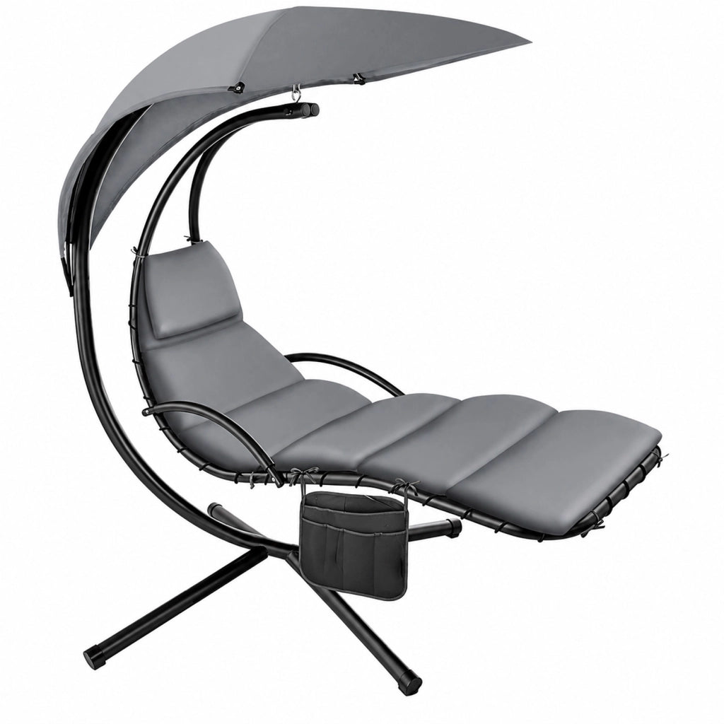 Sdraio Pensile Con Tettuccio Parasole Integrato E Cuscino Ergonomico Amaca Da Giardino In Acciaio E Poliestere 195 x 132 x 197 Cm Grigio