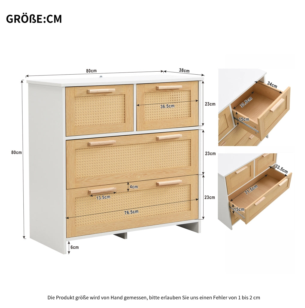 Cassettiera 80x80x38 cm con 4 cassetti in MDF e rattan; naturale e bianco