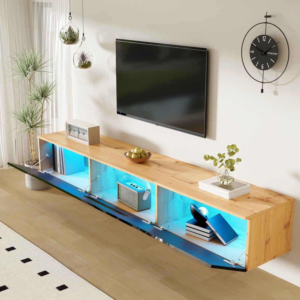 OKWISH Mobile TV con 3 Ante e LED, Montaggio a Terra o Parete, Stile Moderno, per Soggiorno, MDF, Nero e Legno, 180 x 35 x 30 cm