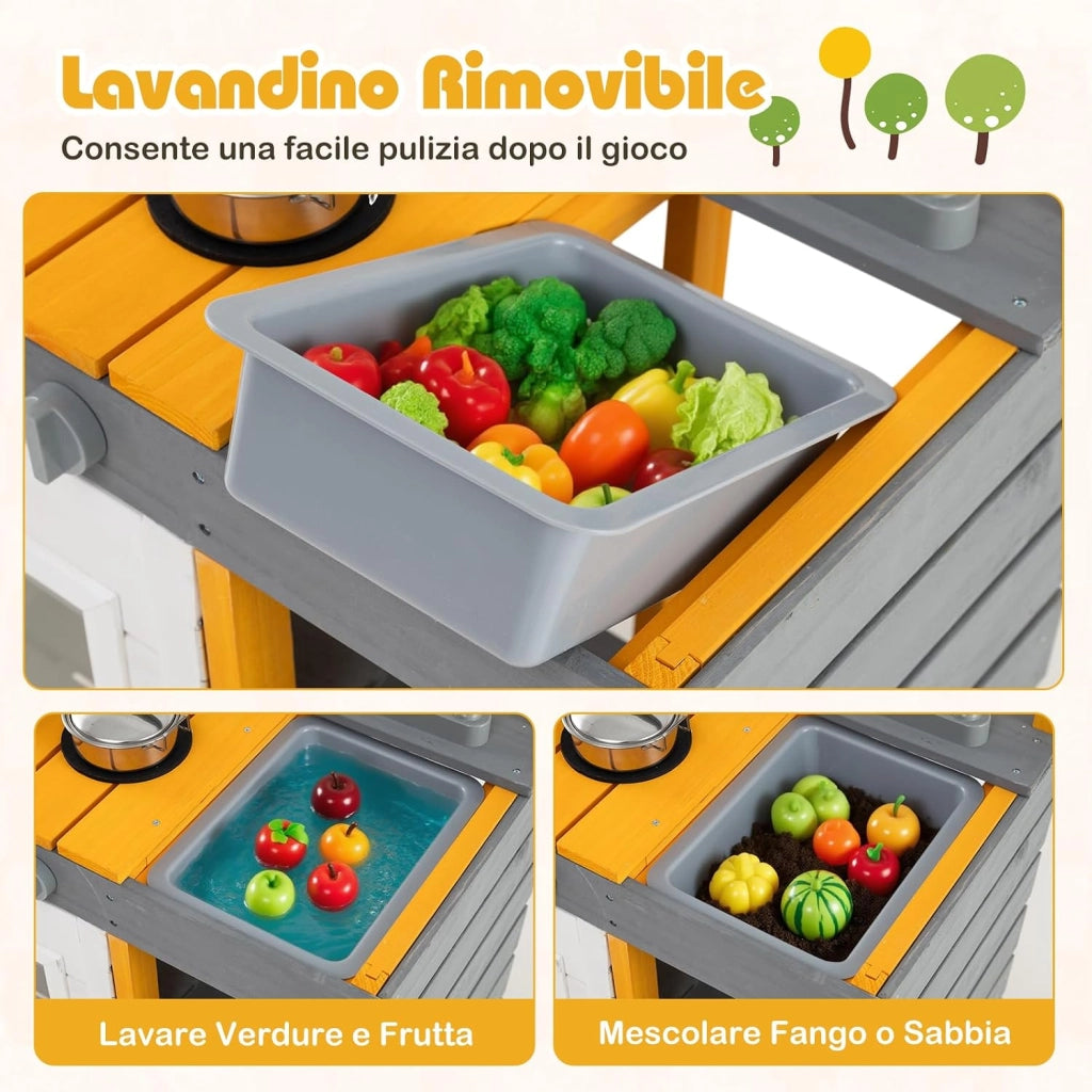 Cucina Giocattolo in Legno, Cucina per Bambini all'Aperto con Fornelli, Lavabo Rimovibile, Rubinetto, Forno, Ganci Appesi e Mensole Portaoggetti, Set di Gioco in Legno per Bambini 3+ Anni