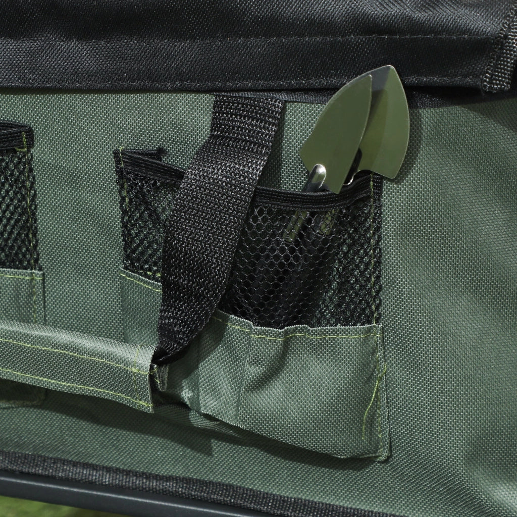 Carrello da Giardino 114x46x65-92 cm Capacità 72L Pieghevole con Pannello Apribile in Acciaio e Poliestere Verde