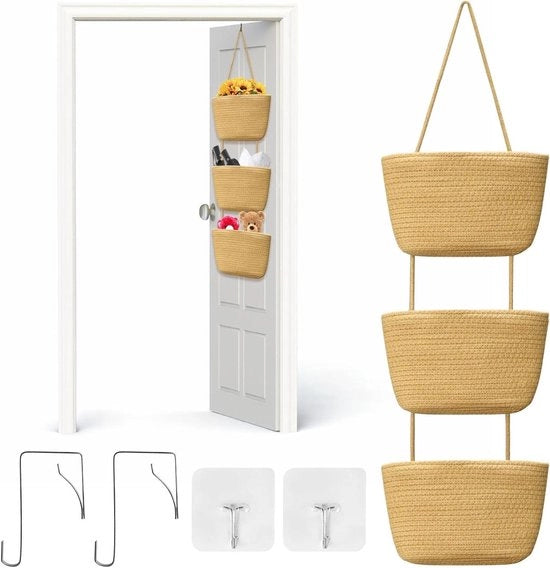 Organizzatore per parete a 3 livelli con tessuto di cotone e juta - Borsa di stoccaggio per camera da letto e soggiorno