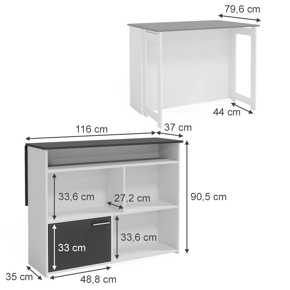 Vicco Tavolo bar alto Antracite/bianco 116 x 37 cm 4x scomparti aperti e 1x porta