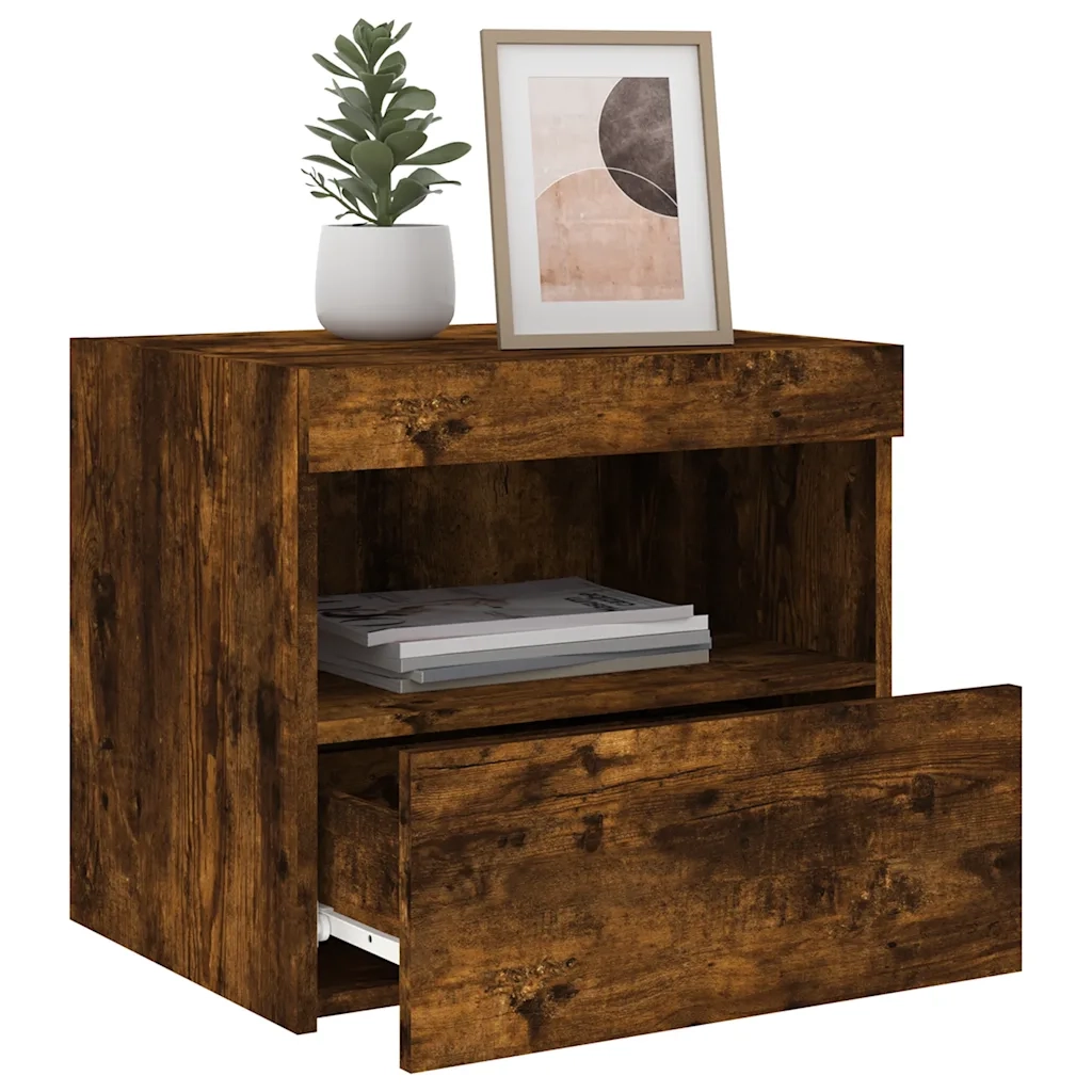 Comodino | Armadio da Notte | Mobiletto da notte con Luci LED Rovere Fumo 50x40x45 cm