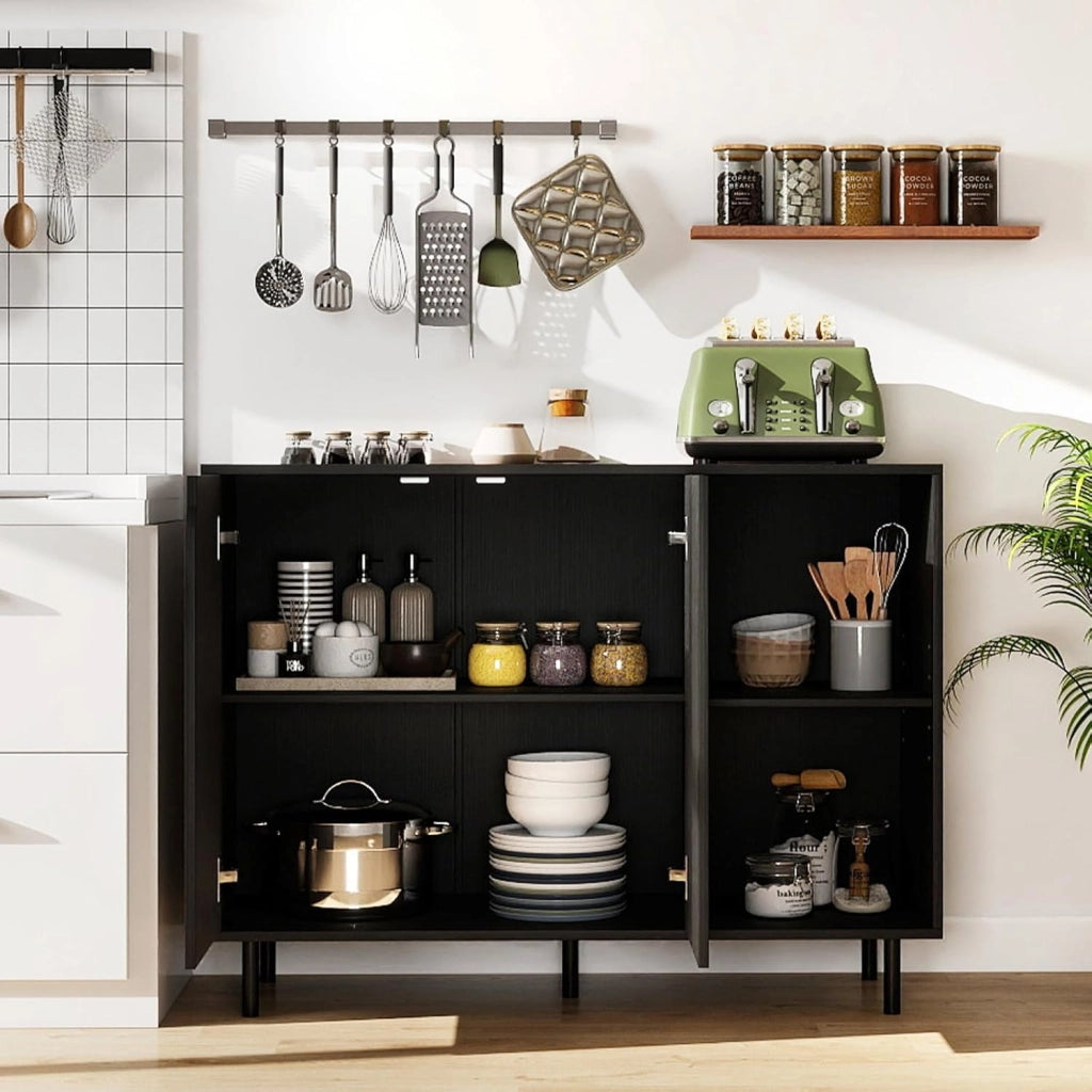 Credenza Cucina Bianca, Armadio Dispensa con Ante, Ripiano Regolabile in 5 Livelli e Dispositivo Anti-Ribaltamento, Mobile Buffet per Soggiorno e Corridoio, 106x38x80cm (L x P x A) (Nero)