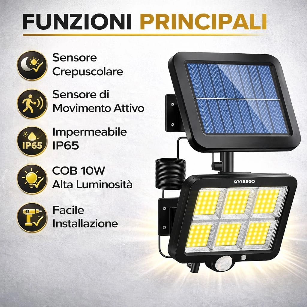 Faretti Solari LED da Esterno (2 Pezzi), 100 LED COB con Sensore di Movimento e Crepuscolare, Luce Solare Potente con Pannello Solare, Impermeabili IP65, Lampade Solari da Parete per Giardino, Garage.