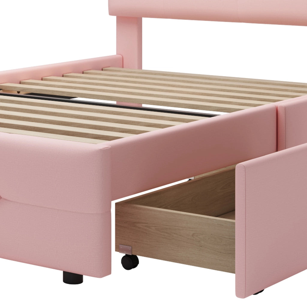 Letto singolo imbottito 90x200 cm con LED e 2 cassetti rosa