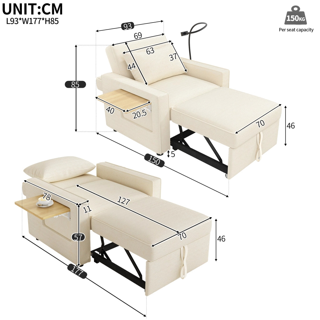 Divano letto 1 posto beige in velluto a coste con USB e Type-C