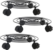Set di 3 contenitori in metallo per piante da 30 cm con ruote, robusto carrello per piante per giardino, piatto per piante a ruote, carrello per piante rotante per interni ed esterni, nero