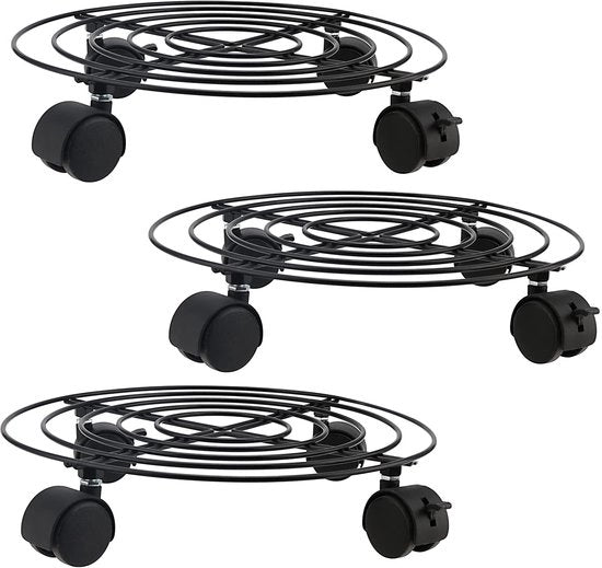 Set di 3 contenitori in metallo per piante da 30 cm con ruote, robusto carrello per piante per giardino, piatto per piante a ruote, carrello per piante rotante per interni ed esterni, nero