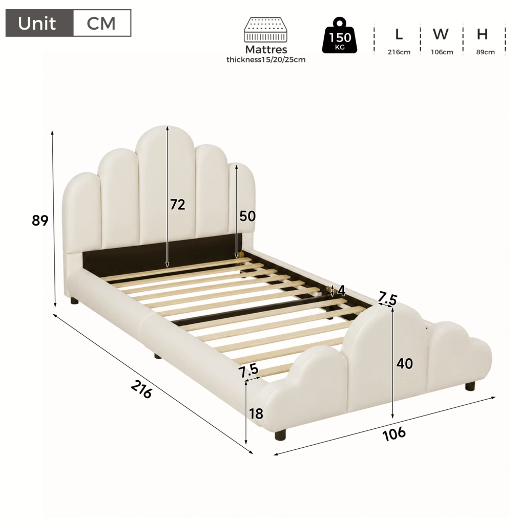 Letto singolo imbottito 90x200 cm in velluto beige; con rete inclusa e angoli arrotondati