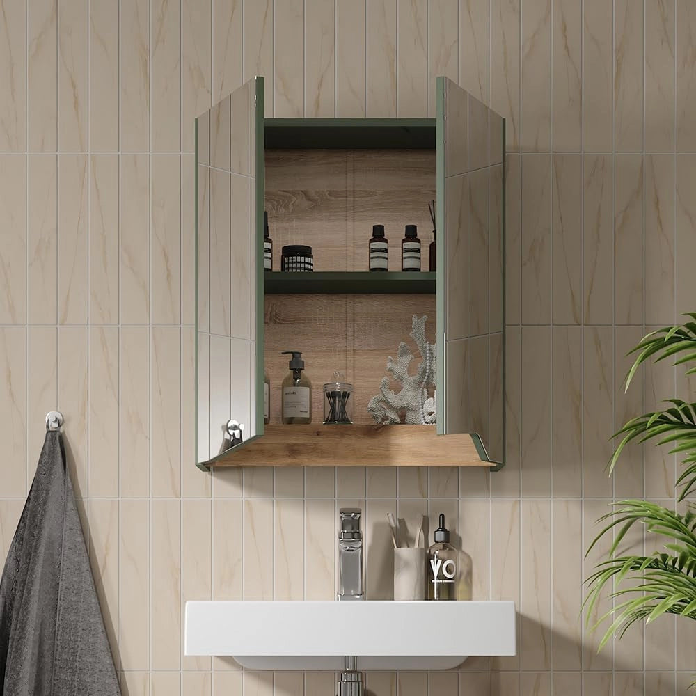 Specchio contenitore bagno Marelle, Verde/Artigianale, 60 x 67 cm con ripiano regolabile in altezza, adatto al montaggio a parete e combinabile con i mobili Marelle