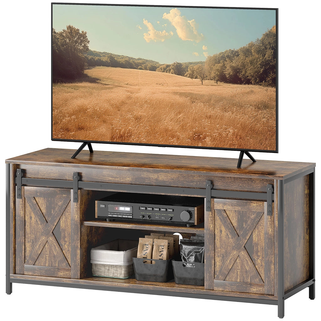 Mobile TV Design Industriale con 6 Ripiani e 2 Ante Scorrevoli ¨C zephmum ¨C Marrone/Nero 160x40x50