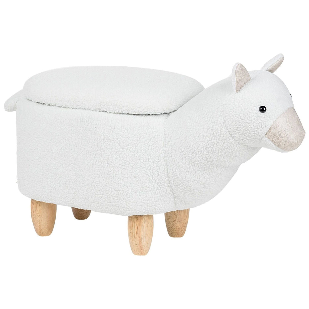 Sgabello per bambini Animale Alpaca Tessuto in poliestere bianco Gambe in legno imbottite contenitore Poggiapiedi per asilo nido