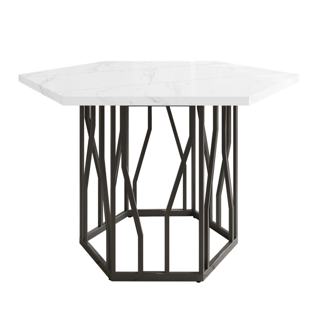 Tavolo da pranzo esagonale moderno 115;5 x 100 cm; piano effetto marmo bianco; base in metallo nero