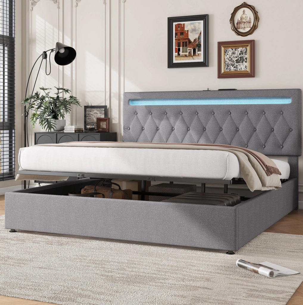 Letto imbottito grigio 180x200 cm con sollevamento idraulico, LED e USB