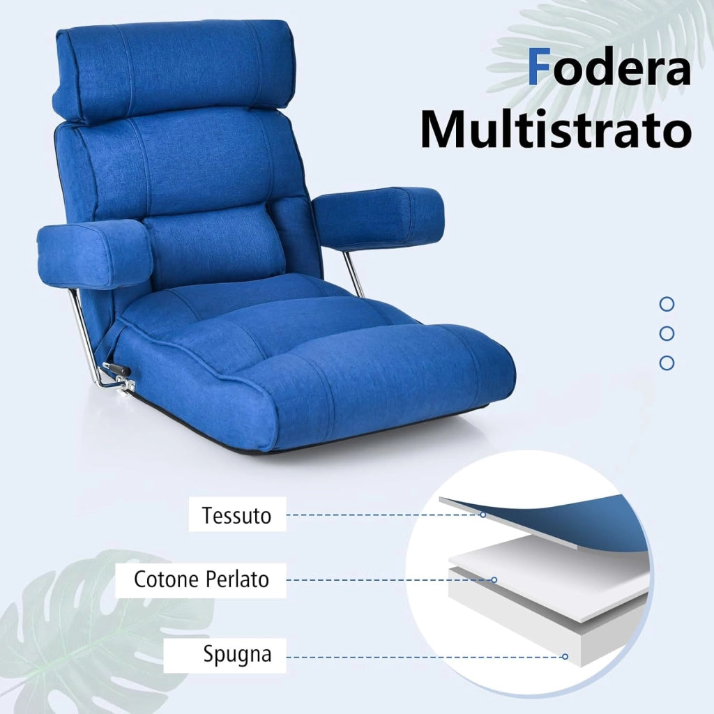 Sedia Divano Pieghevole, Poltrona Letto Singolo con Schienale Regolabile, Poggiatesta Lombare e Poggiapiedi Regolabile a 6 Posizioni, 80 x 72 x 75 cm (Blu)
